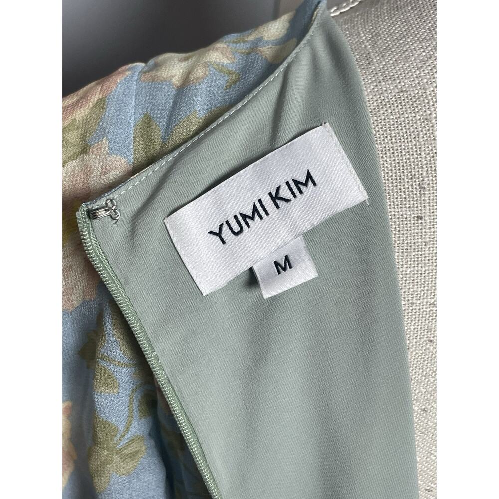 Yumi Kim Floral Ruched Midi Dress M Blue Ruffle Hem Cottagecore Romantic Spring - Picture 7 of 8